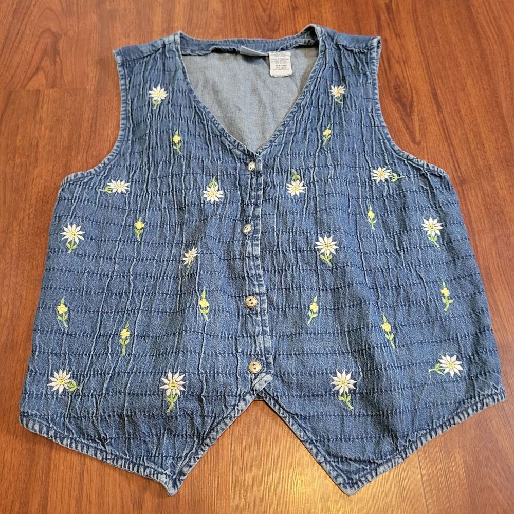 90s Bobbie Brooks Denim Floral Embroidered Vest Lagenlook Cottagecore Size L - Picture 1 of 12